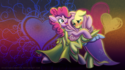 Size: 1920x1080 | Tagged: safe, artist:nyuuchandiannepie, fluttershy, pinkie pie, earth pony, pegasus, pony, abstract background, blushing, clothes, cute, dancing, dress, female, flutterpie, heart, hug, lesbian, mare, royal wedding, shipping, wallpaper