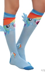 Size: 361x574 | Tagged: safe, rainbow dash, human, clothes, hairless legs, hot topic, human female, human legs, irl, irl human, legs, merchandise, photo, rainbow dash socks, socks, solo, stockings, thigh highs, tube socks, wing socks