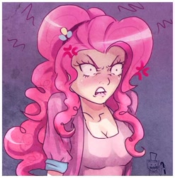 Size: 586x593 | Tagged: safe, artist:songoftheshoebox, pinkie pie, human, angry, female, humanized, lip bite, pinkie promise, solo