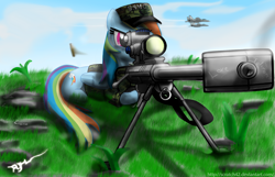 Size: 1680x1080 | Tagged: dead source, safe, artist:scratch42, rainbow dash, pegasus, pony, aiming, aircraft, clothes, cutie mark, female, grass, gun, hooves, lying down, mare, military, optical sight, prone, rifle, sniper, sniper rifle, solo, text, uniform, usmc, weapon, wings