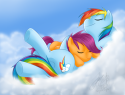 Size: 1480x1124 | Tagged: dead source, safe, artist:melancholysanctuary, rainbow dash, scootaloo, pegasus, pony, blank flank, cloud, cutie mark, duo, eyes closed, female, filly, foal, hooves, lying on a cloud, mare, on a cloud, scootalove, sleeping, wings