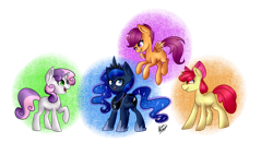 Size: 1024x536 | Tagged: safe, artist:peaceouttopizza23, apple bloom, princess luna, scootaloo, sweetie belle, alicorn, pony, age regression, cutie mark crusaders, loose fitting clothes, scootaloo can fly, simple background, transparent background