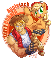 Size: 1451x1628 | Tagged: safe, artist:0r0ch1, applejack, earth pony, human, pony, crossover, fatal fury, female, male, mare, snk, terry bogard