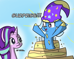 Size: 2051x1640 | Tagged: safe, artist:artiks, derpibooru import, starlight glimmer, trixie, unicorn, blue background, cake, clothes, dialogue, duo, duo female, female, food, hat, simple background, surprised, trixie's hat