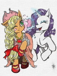 Size: 600x800 | Tagged: safe, artist:tt-n, applejack, rarity, earth pony, pony, unicorn, applejack also dresses in style, bow, clothes, dress, dressup, duo, female, hair bow, hat, makeup, mare, mary janes, shoes, traditional art