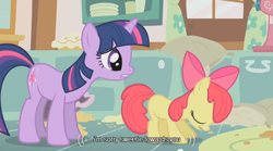 Size: 640x355 | Tagged: safe, derpibooru import, screencap, apple bloom, twilight sparkle, youtube caption