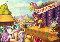 Size: 4961x3508 | Tagged: safe, artist:darthagnan, derpibooru import, apple bloom, applejack, berry punch, berryshine, derpy hooves, discord, fluttershy, lyra heartstrings, pinkie pie, spike, trixie, oc, bird, dragon, earth pony, pegasus, pony, balloon, convention, female, happy, hat, laughing, mare, rubronycon, stage, tent, tree