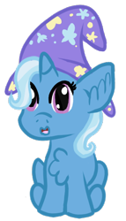 Size: 326x569 | Tagged: safe, artist:harmony-high, derpibooru import, trixie, pony, unicorn, chest fluff, chibi, female, mare, simple background, sitting, smiling, solo, transparent background