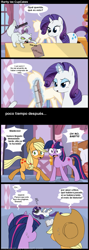 Size: 765x2145 | Tagged: safe, artist:frank1605, artist:musapan, derpibooru import, applejack, opalescence, rarity, twilight sparkle, earth pony, pony, unicorn, book, comic, female, lidded eyes, magic, mare, nervous, open mouth, scared, spanish, speech bubble, telekinesis, translated in the comments, translation