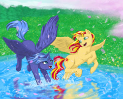 Size: 1500x1200 | Tagged: safe, artist:comsing8, princess luna, sunset shimmer, alicorn, pony, unicorn, lake, meadow, s1 luna, shimmercorn, splash, spread wings, water