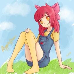 Size: 599x599 | Tagged: safe, artist:no-tobi, apple bloom, human, adorabloom, clothes, colored pupils, cute, female, grass, humanized, light skin, missing shoes, overalls, sitting, socks, solo, thigh highs, young