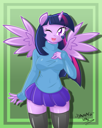 Size: 2000x2500 | Tagged: safe, artist:danmakuman, twilight sparkle, twilight sparkle (alicorn), alicorn, anthro, clothes, skirt, solo, sweater, thigh highs, wink