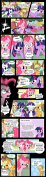 Size: 882x3321 | Tagged: safe, artist:frank1605, artist:musapan, derpibooru import, applejack, fluttershy, pinkie pie, rarity, twilight sparkle, earth pony, pegasus, pony, unicorn, comic, spanish, translation