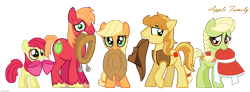 Size: 6104x2246 | Tagged: safe, artist:773her, apple bloom, applejack, big macintosh, braeburn, granny smith, earth pony, pony, apple family, braid, female, filly, hat, male, mare, mouth hold, simple background, stallion, sweat, transparent background, yoke, young