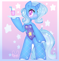 Size: 3400x3500 | Tagged: safe, artist:bunxl, derpibooru import, trixie, pony, unicorn, bipedal, clothes, cute, diatrixes, female, fishnet stockings, glass, heart eyes, leotard, looking at you, mare, solo, starry eyes, tray, waitress, wingding eyes