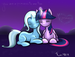 Size: 2000x1500 | Tagged: safe, artist:scouthiro, derpibooru import, trixie, twilight sparkle, twilight sparkle (alicorn), alicorn, pony, commission, female, lesbian, mare, shipping, twixie