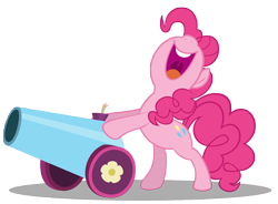 Size: 10000x7353 | Tagged: safe, artist:gratlofatic, pinkie pie, earth pony, pony, absurd resolution, bipedal, bipedal leaning, female, leaning, mare, open mouth, party cannon, simple background, smiling, solo, transparent background, vector