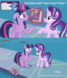 Size: 1620x1884 | Tagged: safe, derpibooru import, edit, edited screencap, screencap, starlight glimmer, trixie, twilight sparkle, twilight sparkle (alicorn), alicorn, pony, unicorn, school daze, book, drama, exploitable meme, glowing horn, magic, meme, telekinesis, twilight wrote this, ultimate guide, ultimate guide drama, water