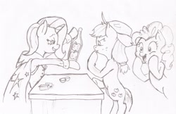 Size: 2322x1504 | Tagged: safe, artist:i am nude, derpibooru import, applejack, pinkie pie, trixie, earth pony, pony, apple, cape, card, clothes, hat, magic, monochrome, street magic, table, traditional art, trixie's cape, trixie's hat