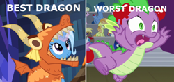 Size: 1420x668 | Tagged: safe, derpibooru import, edit, edited screencap, screencap, spike, trixie, dragon, horse play, uncommon bond, abuse, downvote bait, dragon costume, go to sleep garble, op is a cuck, op is trying to start shit, shitposting, spikeabuse, truth