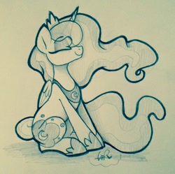 Size: 1280x1275 | Tagged: safe, artist:shyshyoctavia, princess luna, alicorn, pony, monochrome, smiling, solo, traditional art