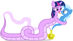 Size: 1188x676 | Tagged: safe, artist:navitaserussirus, derpibooru import, edit, trixie, twilight sparkle, lamia, original species, asktwixiegenies, blushing, female, forked tongue, genie, lamiafied, lesbian, shipping, species swap, tongue out, twilamia, twilight snakle, twixie