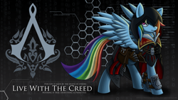 Size: 1920x1080 | Tagged: safe, artist:nyuuchandiannepie, rainbow dash, pegasus, pony, abstract background, assassin's creed, clothes, crossover, female, mare, solo, video game, wallpaper