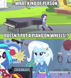 Size: 500x548 | Tagged: safe, derpibooru import, dj pon-3, rarity, trixie, vinyl scratch, equestria girls, player piano, rainbow rocks, clothes, hoodie, image macro, meme, piano, wheel