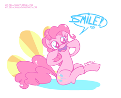 Size: 788x641 | Tagged: safe, artist:kelsea-chan, pinkie pie, earth pony, pony, abstract background, female, looking at you, mare, sitting, smiling, solo
