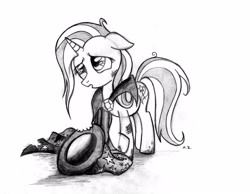 Size: 3281x2550 | Tagged: safe, artist:uminanimu, derpibooru import, trixie, :o, bite mark, broken, cape, clothes, crossed hooves, dirty, floppy ears, grayscale, hat, lidded eyes, messy mane, monochrome, open mouth, raised hoof, sad, simple background, sketch, solo, trixie's cape, trixie's hat, white background