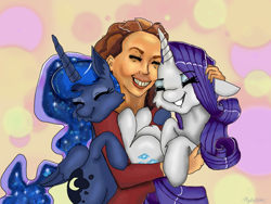 Size: 1024x768 | Tagged: safe, artist:mysticalsketch, princess luna, rarity, human, cute, hug, smiling, tabitha st. germain, voice actor