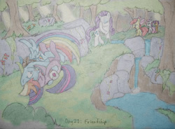 Size: 1000x734 | Tagged: safe, artist:darkmage2, derpibooru import, apple bloom, rainbow dash, rarity, scootaloo, sweetie belle, twilight sparkle, pegasus, pony, unicorn, crash, facehoof, female, forest, hug, lesbian, river, shipping, tumbling, twidash