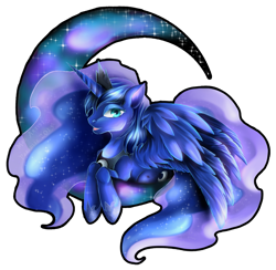 Size: 1023x997 | Tagged: safe, artist:madartistparadise, princess luna, alicorn, pony, looking at you, moon, prone, simple background, solo, tangible heavenly object, transparent background