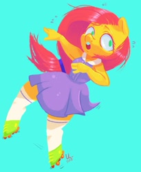 Size: 1280x1559 | Tagged: safe, artist:1eg, fluttershy, anthro, alternate hairstyle, clothes, dress, roller skates, socks, solo, thigh highs