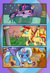 Size: 4070x5929 | Tagged: safe, artist:dusk-spark, derpibooru import, sunset shimmer, trixie, twilight sparkle, hamster, pony, unicorn, absurd resolution, counterparts, fanfic art, glowing eyes, magical trio, twilight's counterparts, weapon
