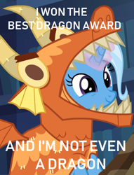 Size: 570x746 | Tagged: safe, derpibooru import, edit, edited screencap, screencap, trixie, pony, unicorn, uncommon bond, best dragon, best pony, clothes, costume, cropped, cute, diatrixes, dragon costume, female, glowing horn, image macro, mare, meme, smiling, solo, trixie yells at everything