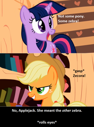 Size: 824x1106 | Tagged: safe, derpibooru import, edit, edited screencap, screencap, applejack, twilight sparkle, earth pony, pony, the cutie pox, calibri, duo, meta, text