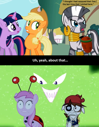 Size: 824x1062 | Tagged: safe, derpibooru import, edit, edited screencap, screencap, applejack, twilight sparkle, zecora, earth pony, ladybug, pony, zebra, luna eclipsed, the cutie pox, calibri, clothes, costume, limemare moon, meta, nightmare night costume, pirate costume, text