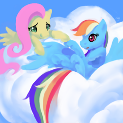 Size: 250x250 | Tagged: safe, artist:cabyowl, fluttershy, rainbow dash, pegasus, pony, cloud, female, hooves, lineless, lying on a cloud, mare, on a cloud, on back, wings