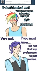 Size: 768x1492 | Tagged: safe, artist:artiedrawings, elusive, rainbow blitz, rainbow dash, rarity, human, ask a bishonen pony, eyes closed, humanized, male, rule 63