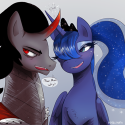 Size: 1024x1024 | Tagged: safe, artist:roselinath, king sombra, princess luna, alicorn, pony, unicorn, female, horns are touching, lumbra, male, shipping, straight