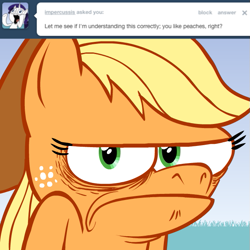 Size: 615x615 | Tagged: safe, artist:hotdiggedydemon, applejack, earth pony, pony, annoyed, ask, ask jappleack, female, jappleack, mare, solo