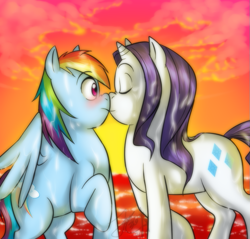 Size: 803x768 | Tagged: safe, artist:melancholysanctuary, rainbow dash, rarity, pegasus, pony, unicorn, beach, blushing, female, kissing, lesbian, mare, raridash, shipping, sunset, wet, wet mane, wet mane rarity