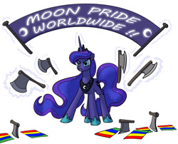 Size: 1200x970 | Tagged: artist needed, safe, princess luna, alicorn, pony, axe, flag, gay pride flag, poe's law, solo