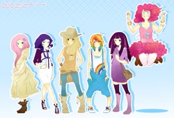 Size: 1551x1054 | Tagged: safe, artist:aquafeles, artist:senri, applejack, fluttershy, pinkie pie, rainbow dash, rarity, twilight sparkle, human, boots, clothes, dress, humanized, jumping, line-up, mane six, pixiv, shoes, skirt, socks, suspenders, thigh highs, tube skirt, zettai ryouiki