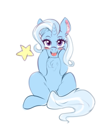 Size: 1079x1280 | Tagged: safe, artist:mrscurlystyles, derpibooru exclusive, derpibooru import, trixie, pony, unicorn, abstract background, blushing, chest fluff, cute, daaaaaaaaaaaw, diabetes, diatrixes, ear fluff, ears, eyelashes, female, happy, horn, looking at you, mare, open mouth, open smile, purple eyes, simple background, sitting, smiling, smiling at you, solo, stars, tail, white background