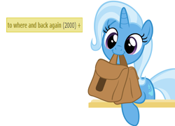 Size: 5784x4182 | Tagged: safe, artist:nightshadowmlp, artist:sollace, derpibooru import, trixie, pony, unicorn, to saddlebags and back again, to where and back again, absurd resolution, cute, derpibooru, derpimilestone, diatrixes, female, mare, meta, mouth hold, saddle bag, solo, tags