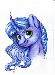 Size: 1456x2000 | Tagged: safe, artist:heather-west, princess luna, alicorn, pony, curved horn, simple background, smiling, solo, traditional art, watercolor painting