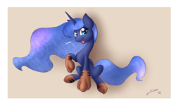 Size: 2650x1550 | Tagged: safe, artist:d-sixzey, princess luna, alicorn, pony, clothes, looking at you, missing accessory, open mouth, paws, sitting, smiling, socks, solo