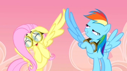 Size: 1280x720 | Tagged: safe, screencap, fluttershy, rainbow dash, pegasus, pony, hurricane fluttershy, duo, eyes closed, female, flying, goggles, grin, high wing, lidded eyes, mare, open mouth, out of context, smiling, spread wings, wingboner